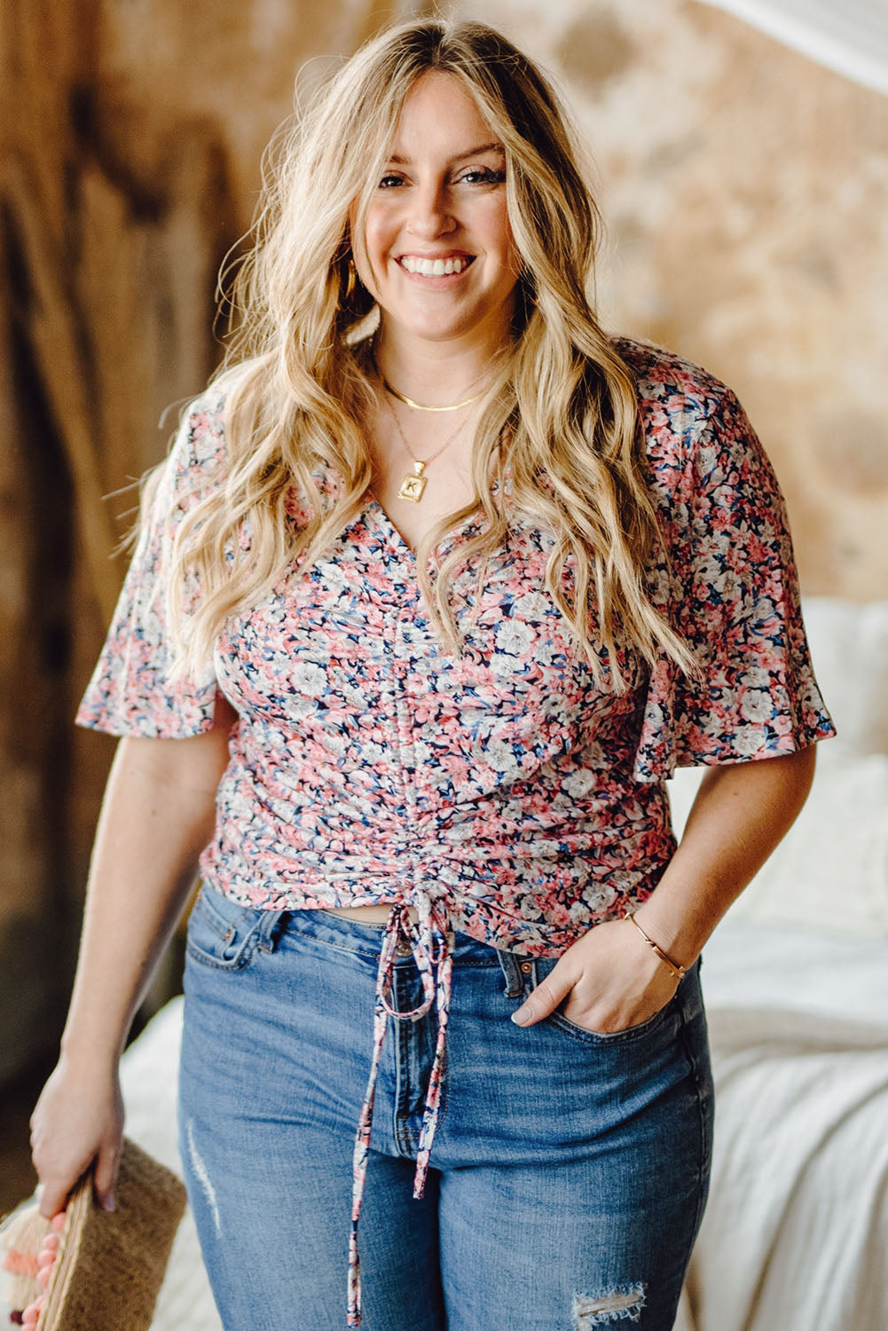 Plus Size Floral Drawstring Blouse with Flutter Sleeves Floral