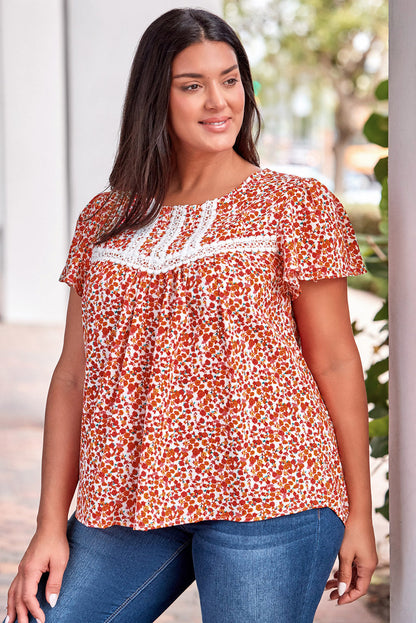 Plus Size Floral Lace-Trim Round Neck Blouse