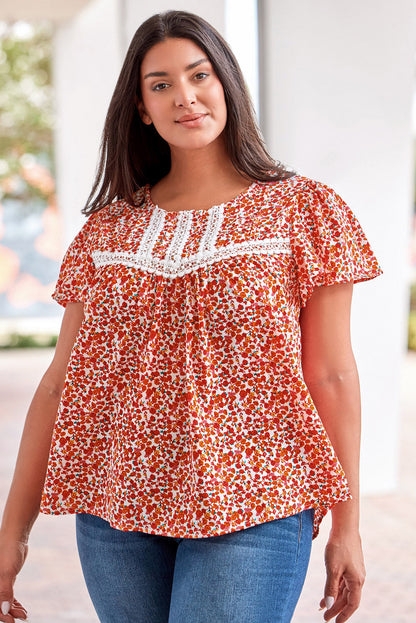 Plus Size Floral Lace-Trim Round Neck Blouse