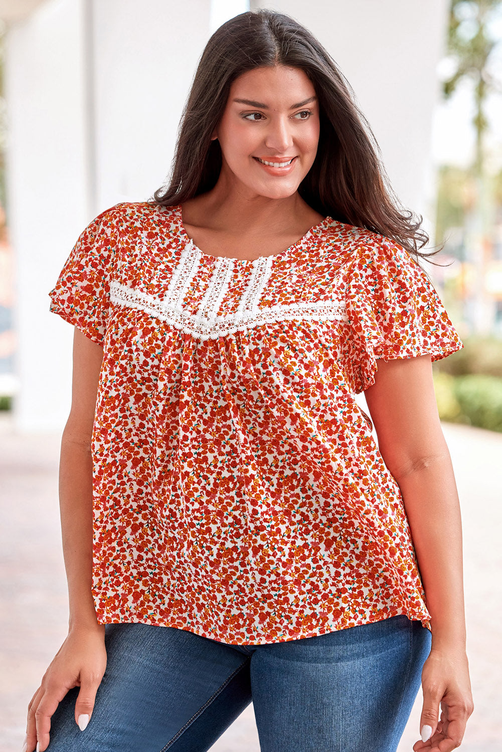 Plus Size Floral Lace-Trim Round Neck Blouse