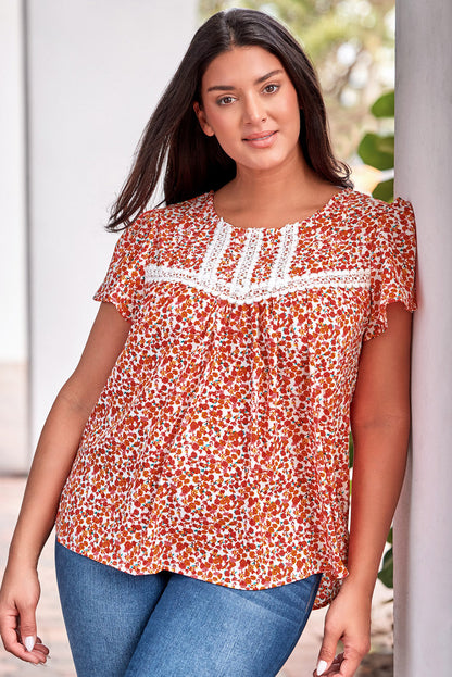 Plus Size Floral Lace-Trim Round Neck Blouse Floral