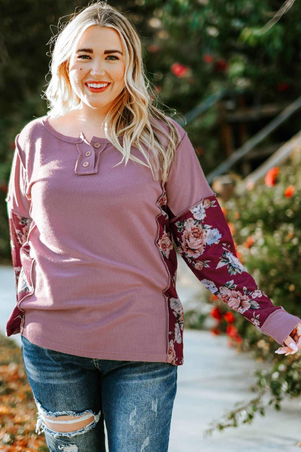 Plus Size Floral Quarter-Button Henley Top with Exposed Seams