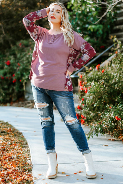 Plus Size Floral Quarter-Button Henley Top with Exposed Seams