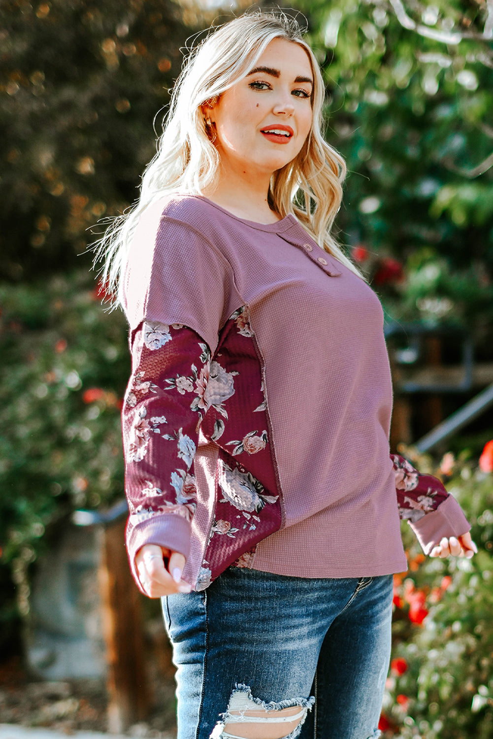 Plus Size Floral Quarter-Button Henley Top with Exposed Seams