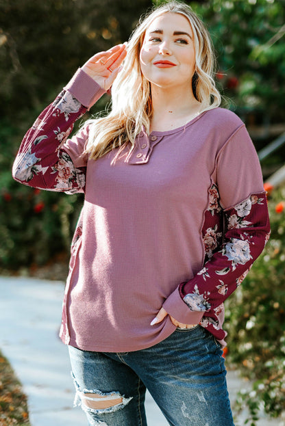 Plus Size Floral Quarter-Button Henley Top with Exposed Seams