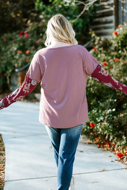 Plus Size Floral Quarter-Button Henley Top with Exposed Seams