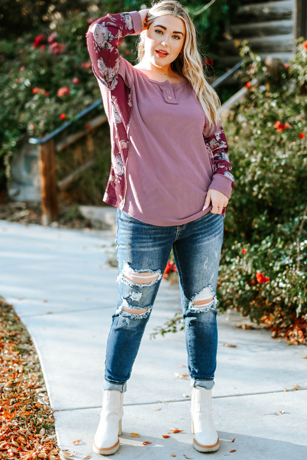 Plus Size Floral Quarter-Button Henley Top with Exposed Seams