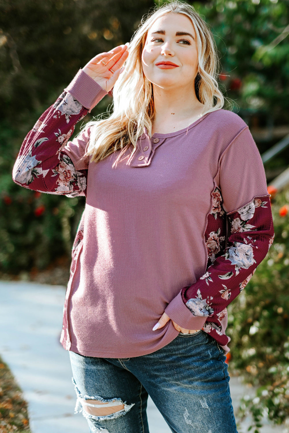 Plus Size Floral Quarter-Button Henley Top with Exposed Seams Purple 2X