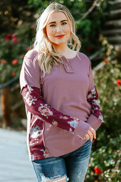 Plus Size Floral Quarter-Button Henley Top with Exposed Seams