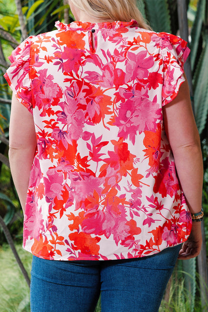 Plus Size Floral Round Neck Flutter-Sleeved Blouse