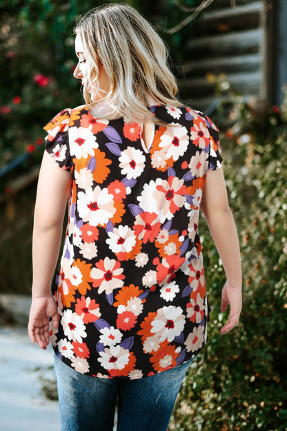 Plus Size Floral Round Neck Flutter-Sleeved Top