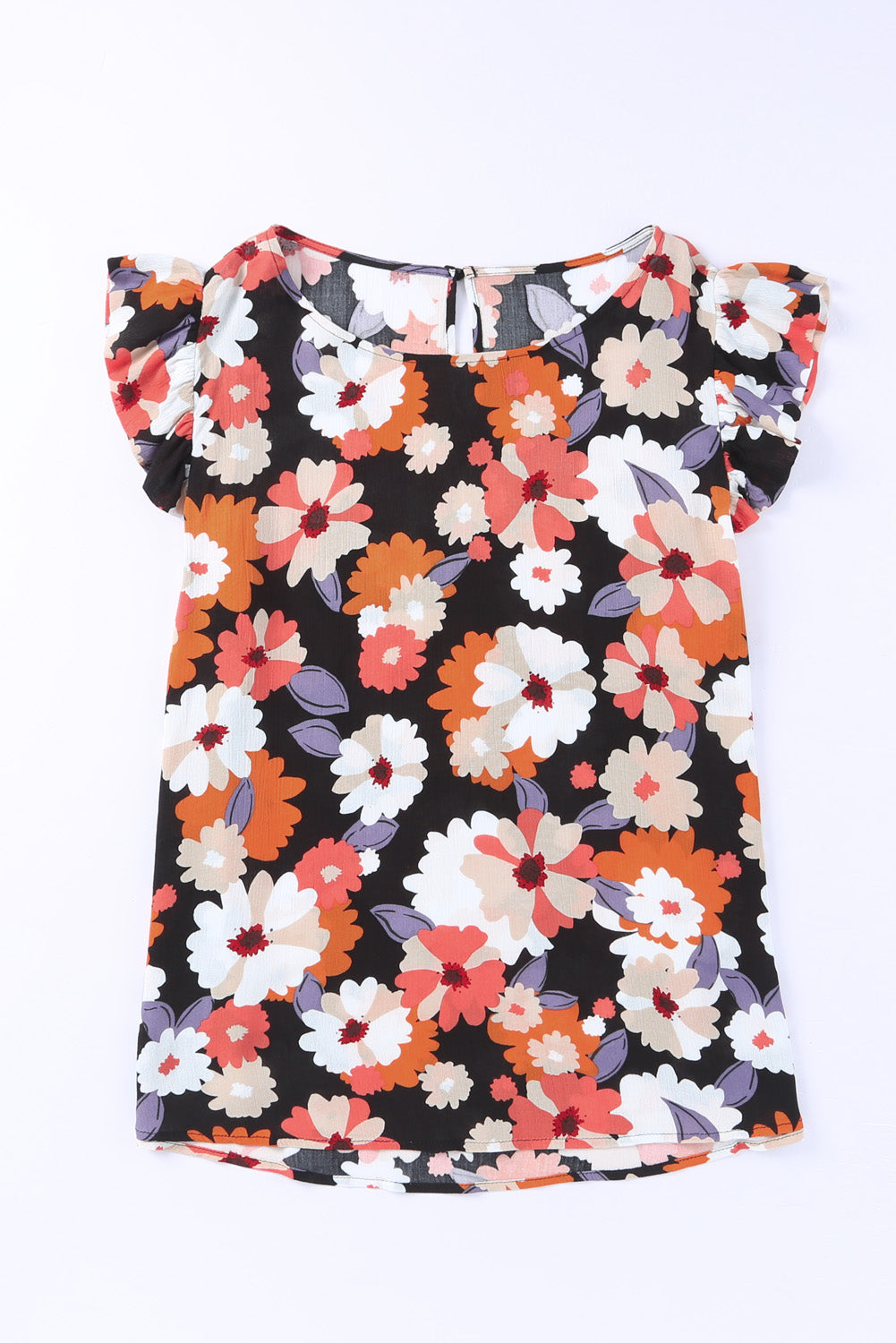 Plus Size Floral Round Neck Flutter-Sleeved Top