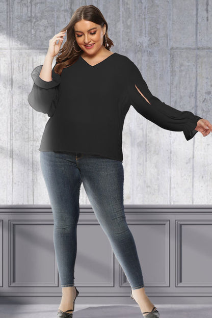 Plus Size Flounce-Sleeved Cutout Blouse