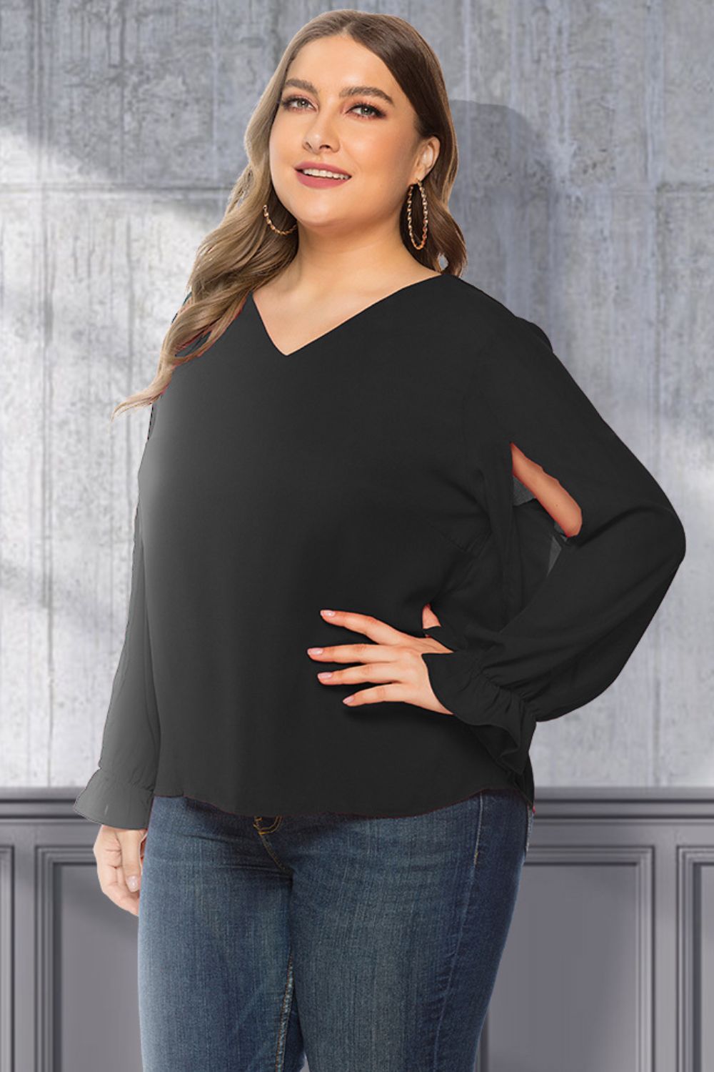 Plus Size Flounce-Sleeved Cutout Blouse Black