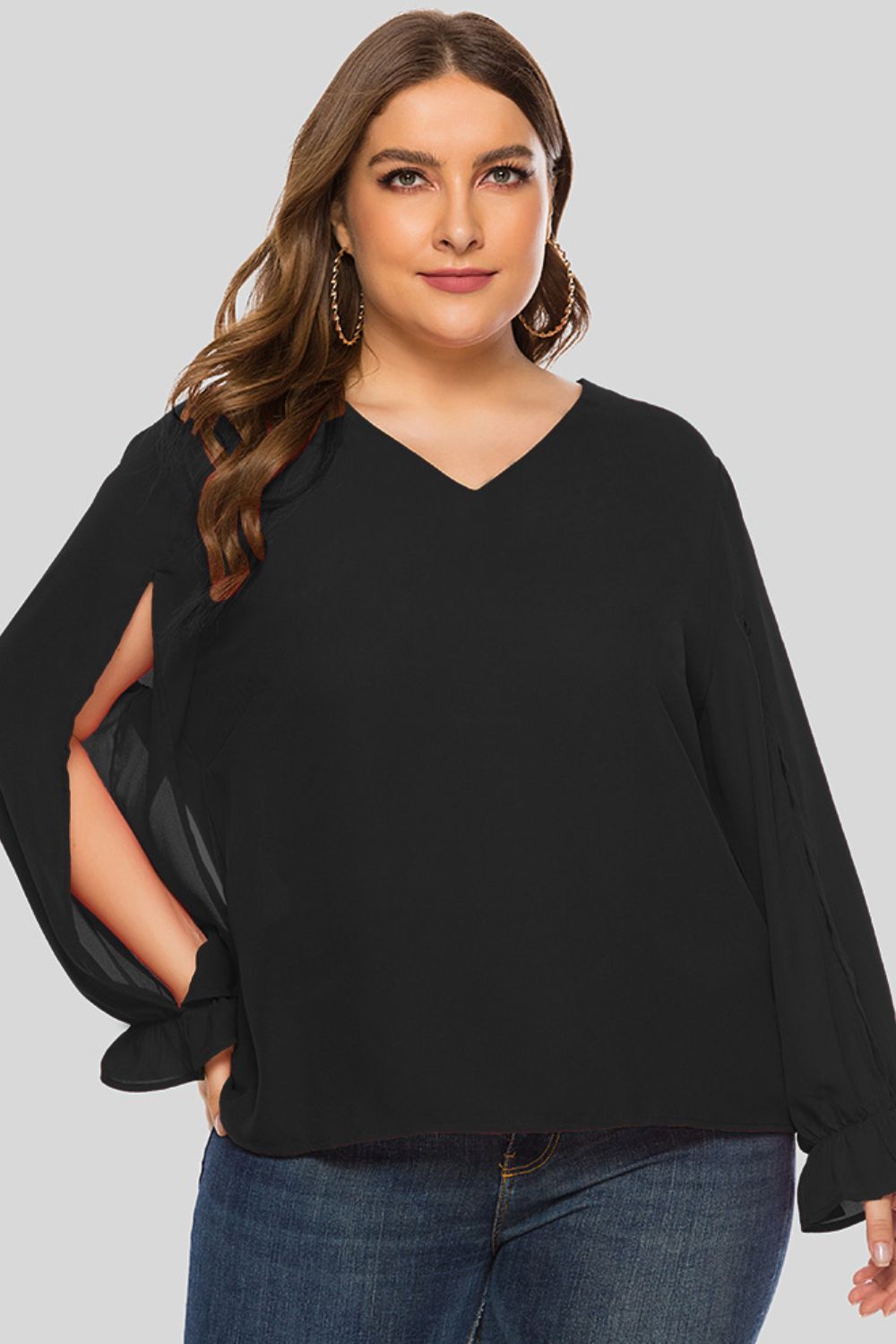 Plus Size Flounce-Sleeved Cutout Blouse