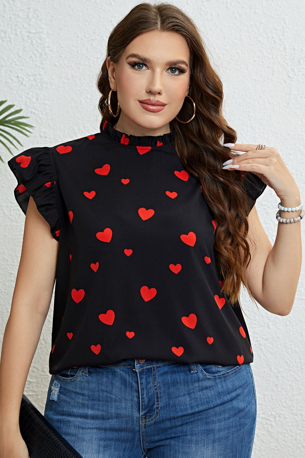 Plus Size Heart Print Butterfly Sleeve Mock Neck Top Black