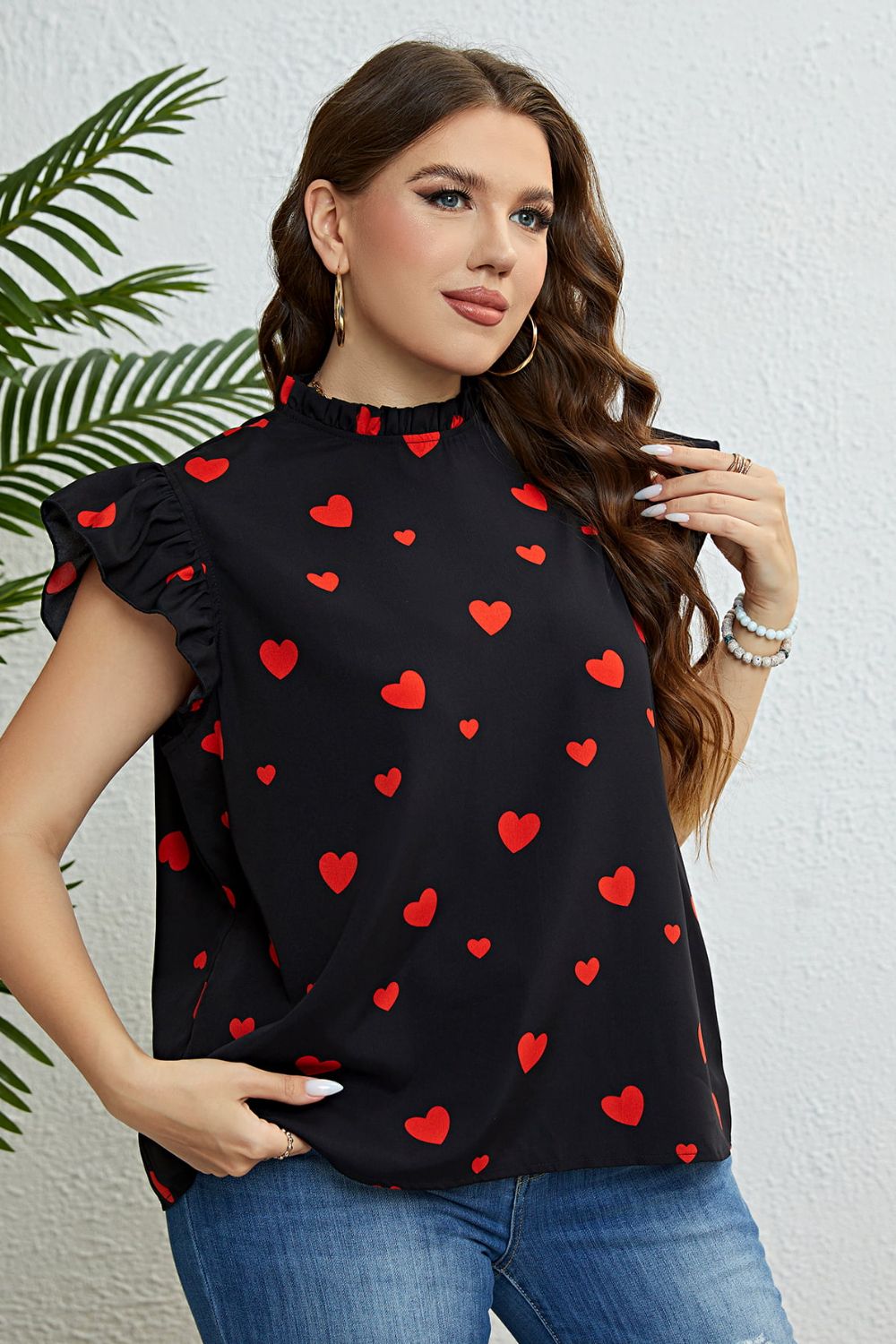 Plus Size Heart Print Butterfly Sleeve Mock Neck Top