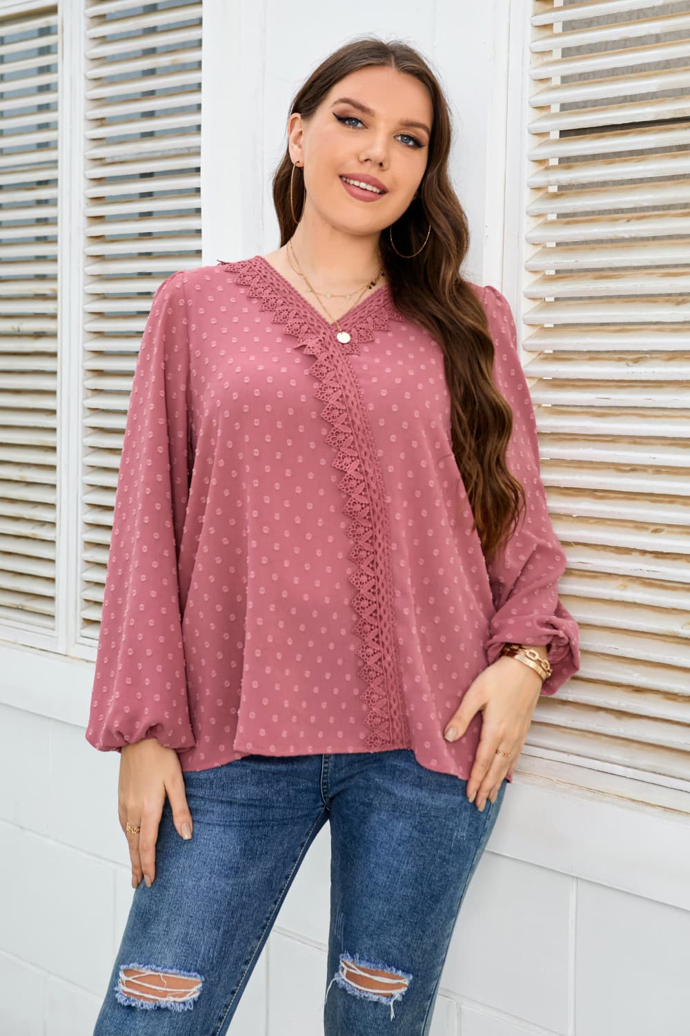 Plus Size Lace Trim V-Neck Balloon Sleeve Blouse Light Mauve