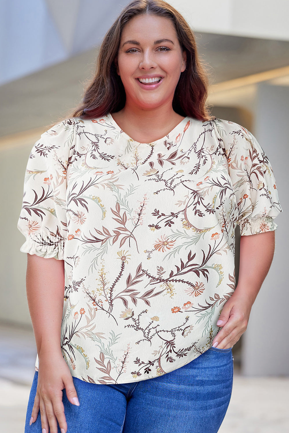 Plus Size Puff-Sleeved Floral Top Ivory