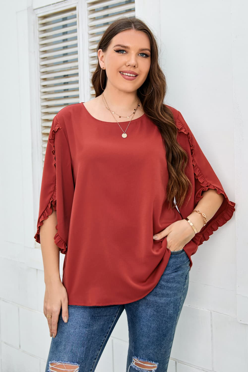 Plus Size Round Neck Frill Trim Blouse Red Orange