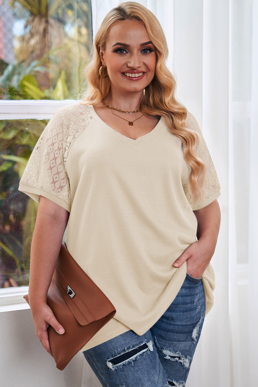 Plus Size Spliced Lace V-Neck Top Cream