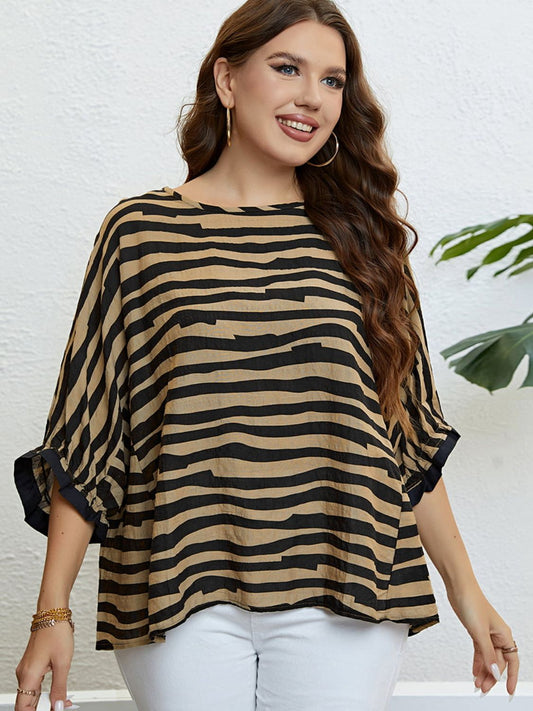 Plus Size Striped Three-Quarter Sleeve Boat Neck Top Stripe