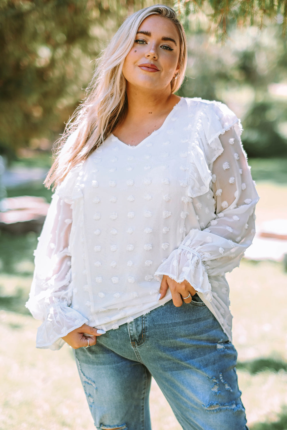 Plus Size Swiss Dot Ruffled Blouse White