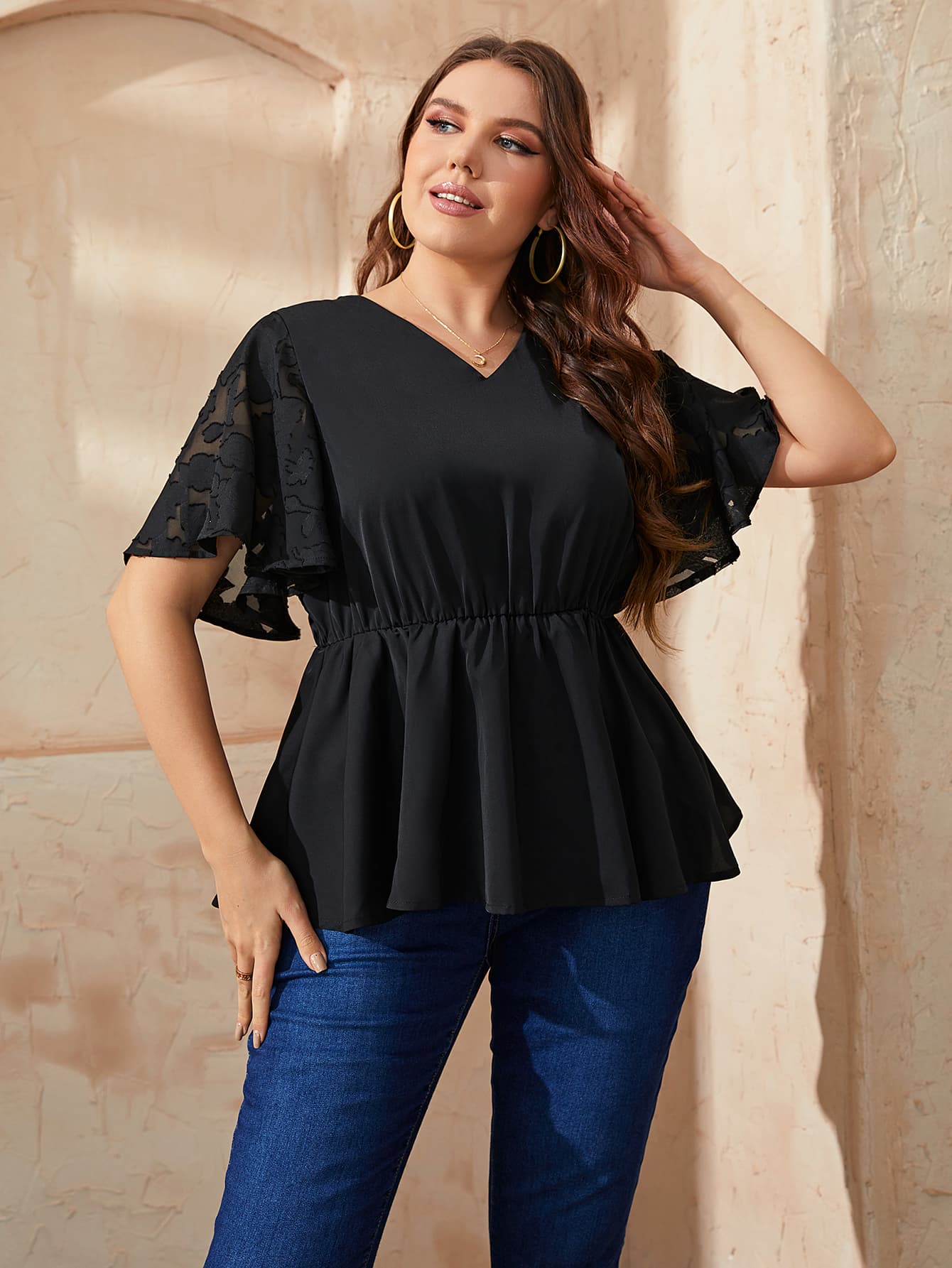 Plus Size V-Neck Flutter Sleeve Babydoll Blouse Black