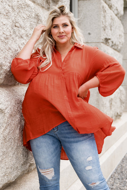 Plus Size Women's Collared Balloon Sleeve Blouse