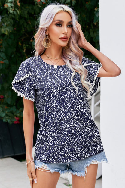 Pom Pom Detail Petal Sleeve Printed Blouse Navy