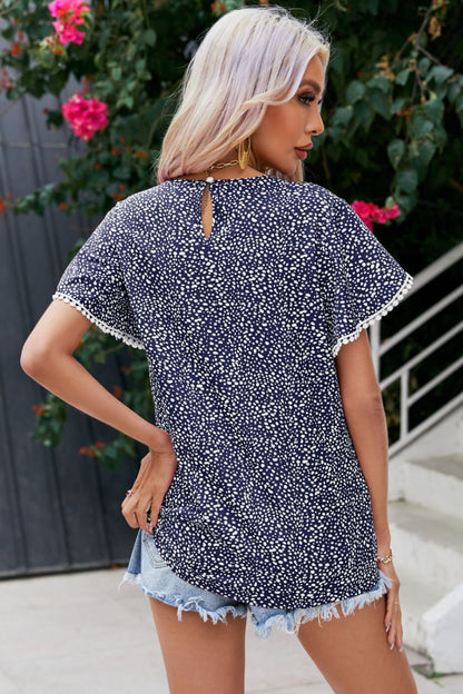 Pom Pom Detail Petal Sleeve Printed Blouse