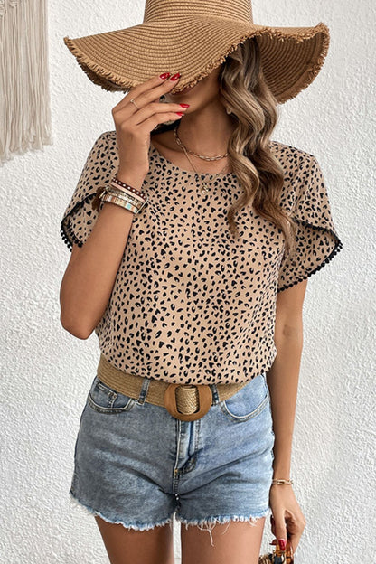 Pom Pom Detail Petal Sleeve Round Neck Printed Blouse Leopard