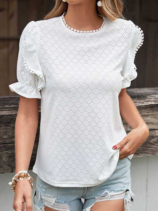 Pom Pom-Embellished Openwork Flounce Sleeve Blouse White