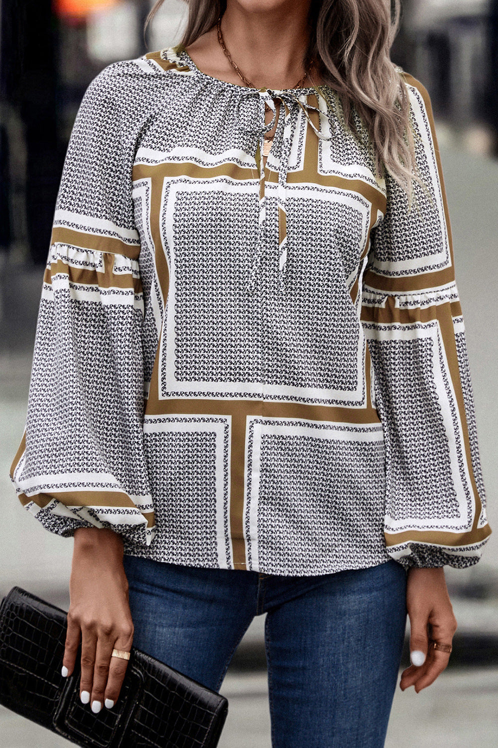 Printed Balloon-Sleeved Tie-Neck Blouse
