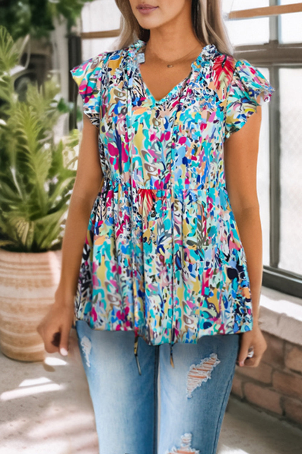 Printed Butterfly-Sleeved Tie-Neck Babydoll Top Multicolor