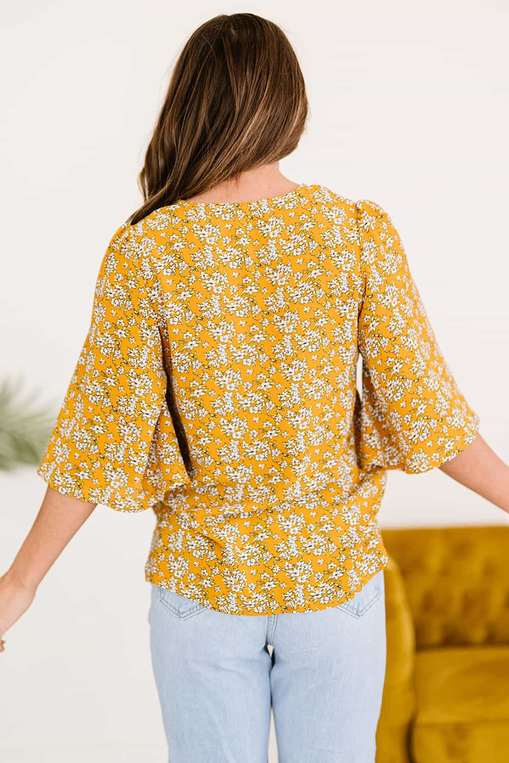 Printed Flare-Sleeved Button-Front Blouse