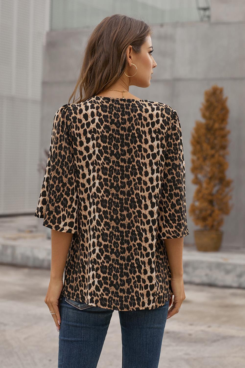 Printed Flare-Sleeved Button-Front Blouse