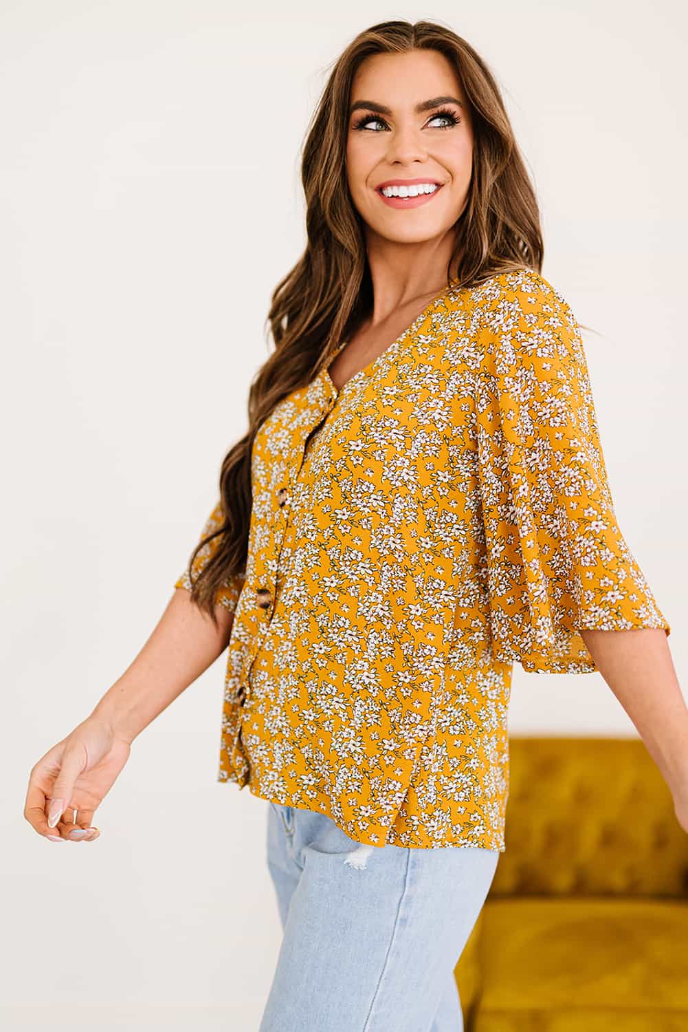 Printed Flare-Sleeved Button-Front Blouse