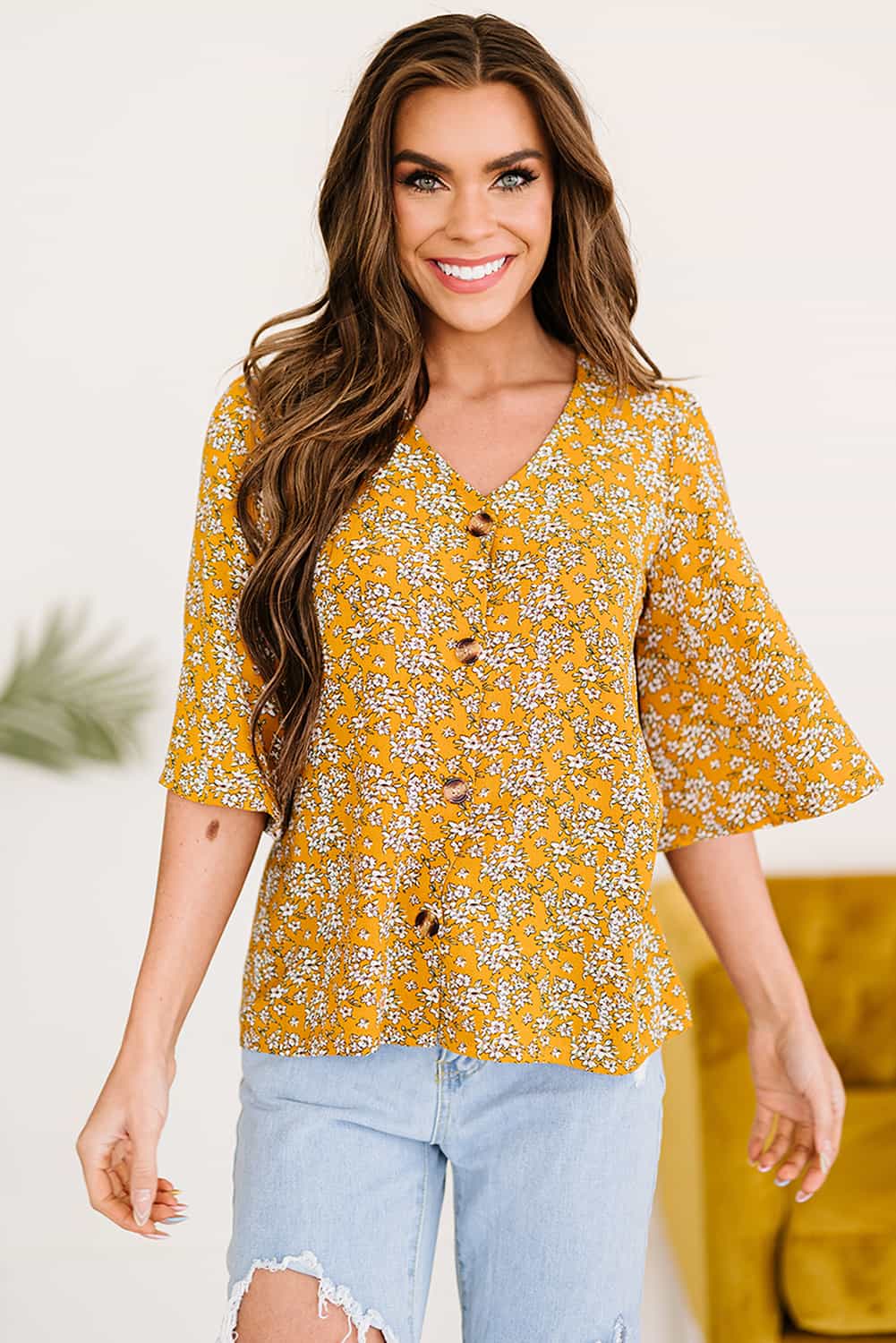 Printed Flare-Sleeved Button-Front Blouse Mustard