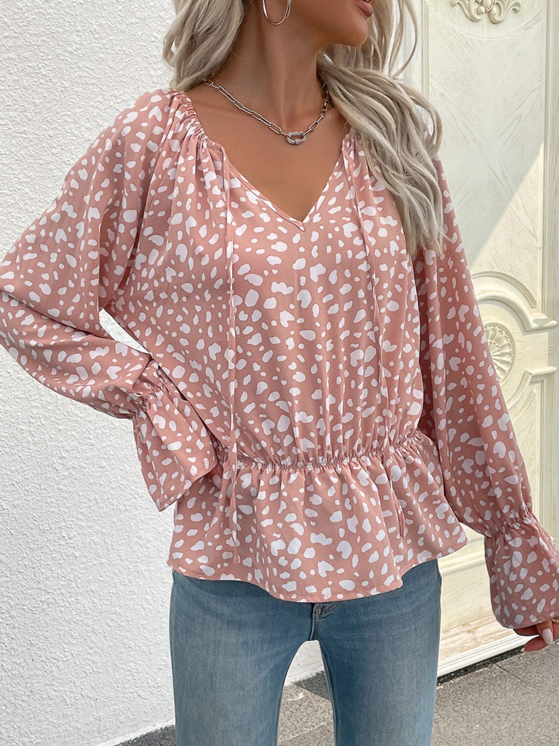 Printed Flounce Sleeve Peplum Tie-Neck Top Light Mauve