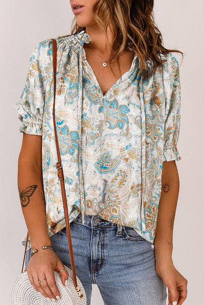 Printed Flounce-Sleeved Tie-Neck Top