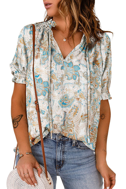 Printed Flounce-Sleeved Tie-Neck Top