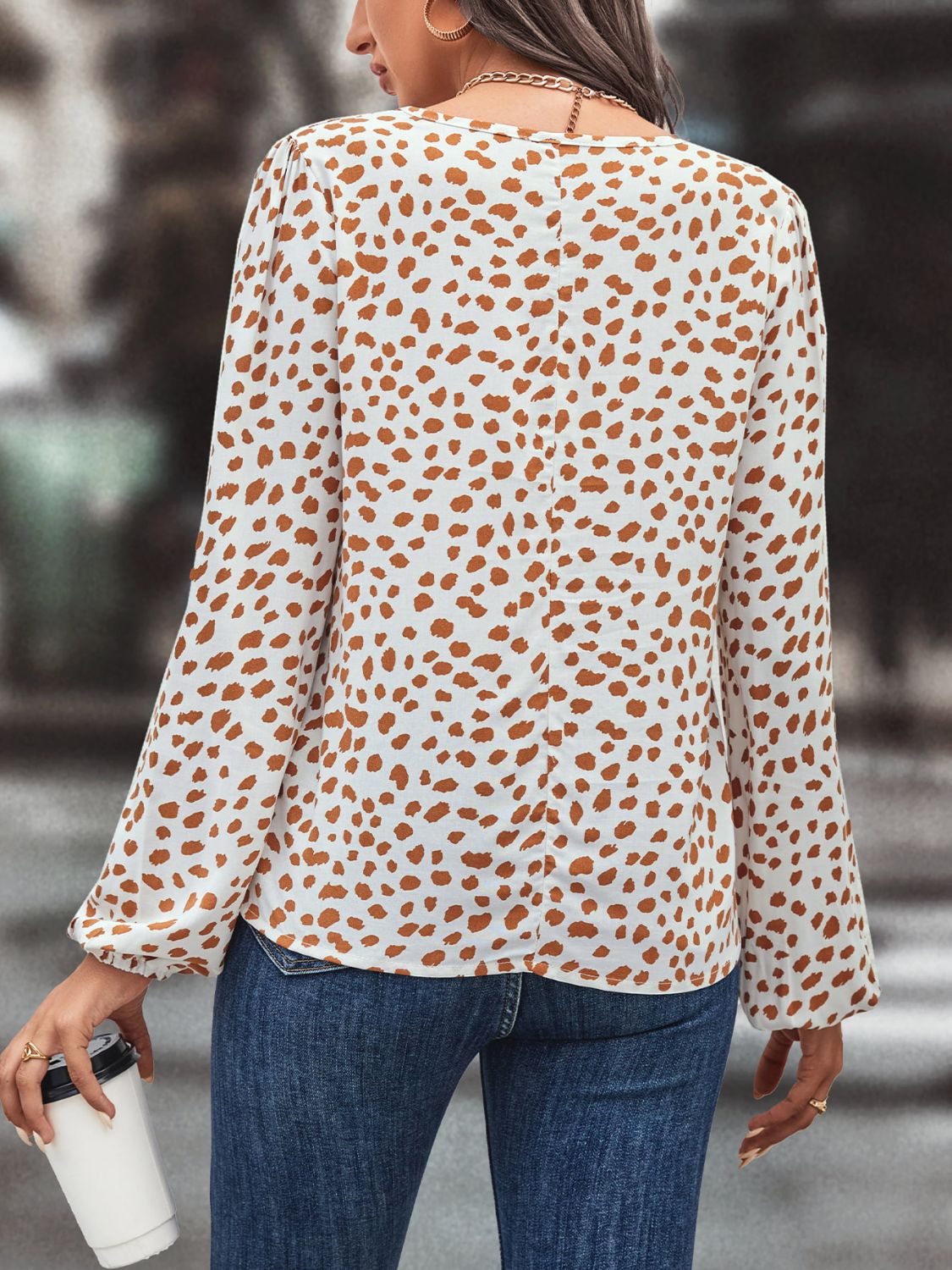 Printed Long-Sleeve Tie-Neck Blouse