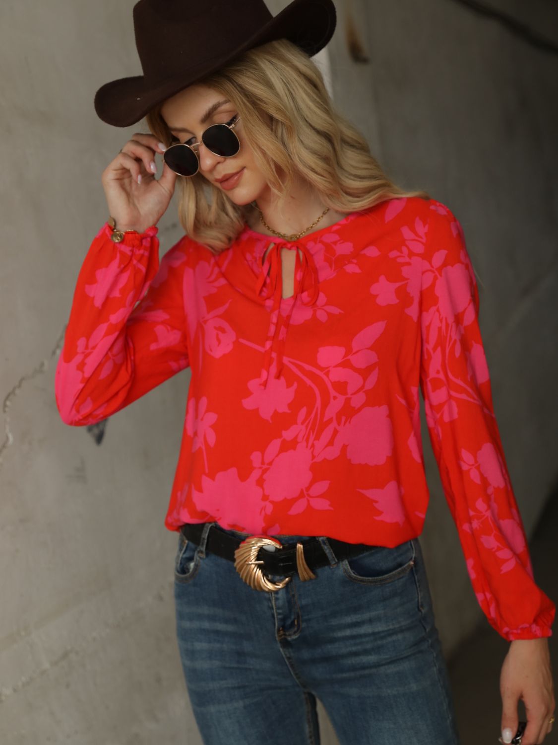 Printed Long-Sleeve Tie-Neck Blouse