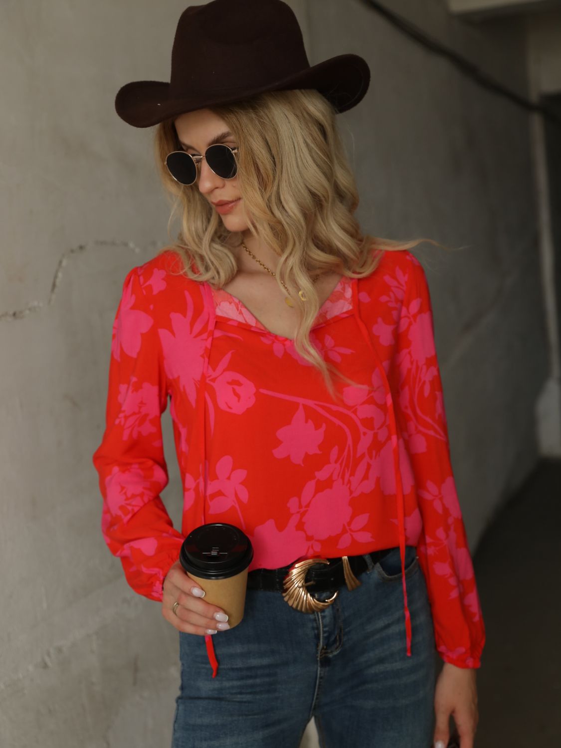 Printed Long-Sleeve Tie-Neck Blouse Red