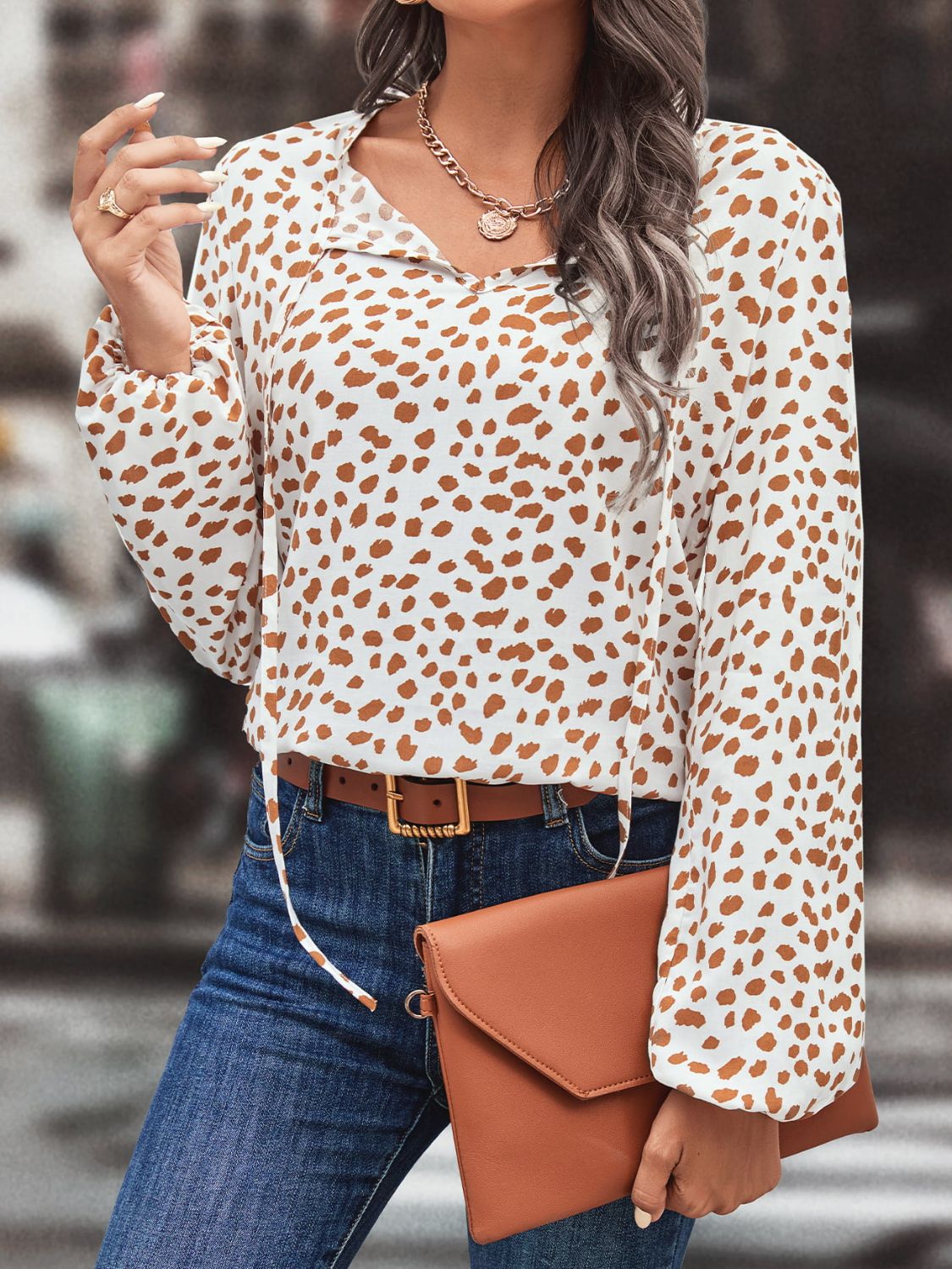 Printed Long-Sleeve Tie-Neck Blouse