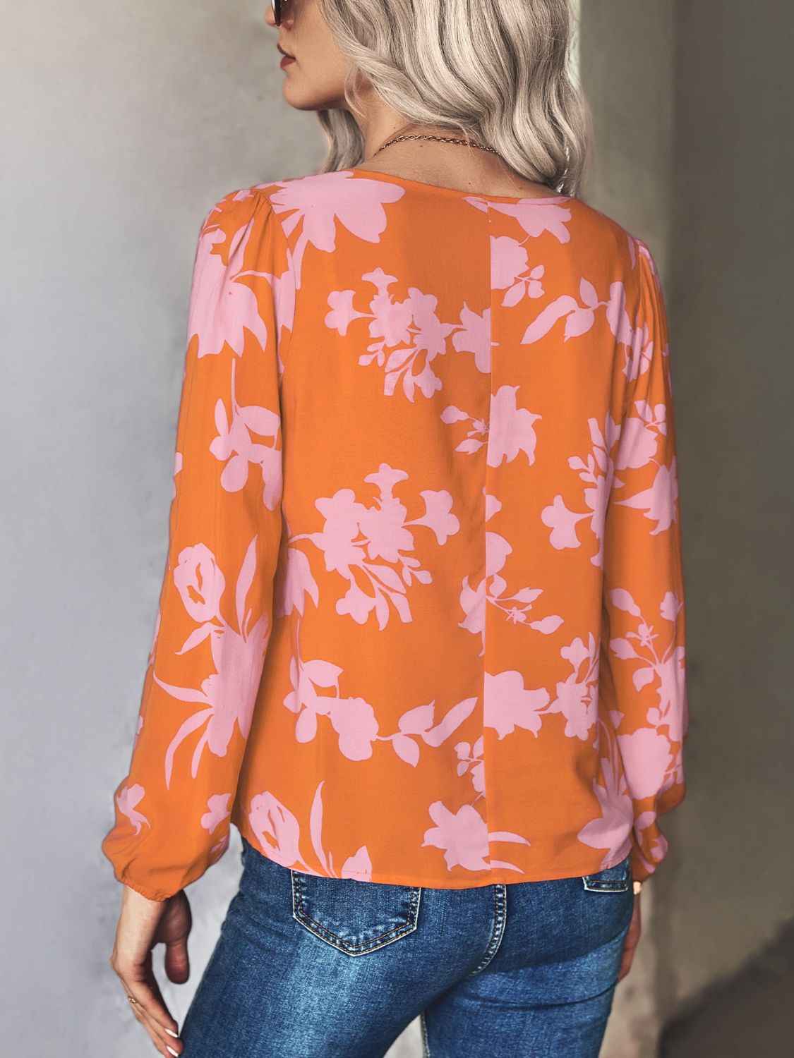 Printed Long-Sleeve Tie-Neck Blouse