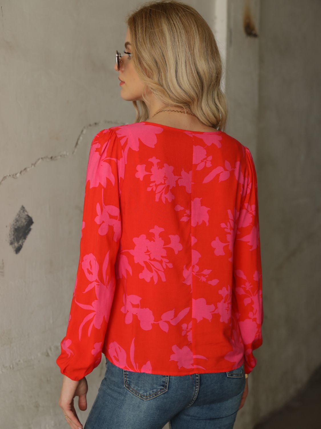 Printed Long-Sleeve Tie-Neck Blouse