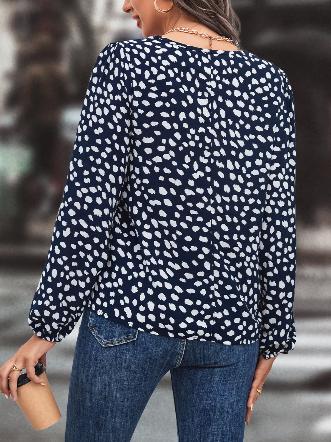 Printed Long-Sleeve Tie-Neck Blouse