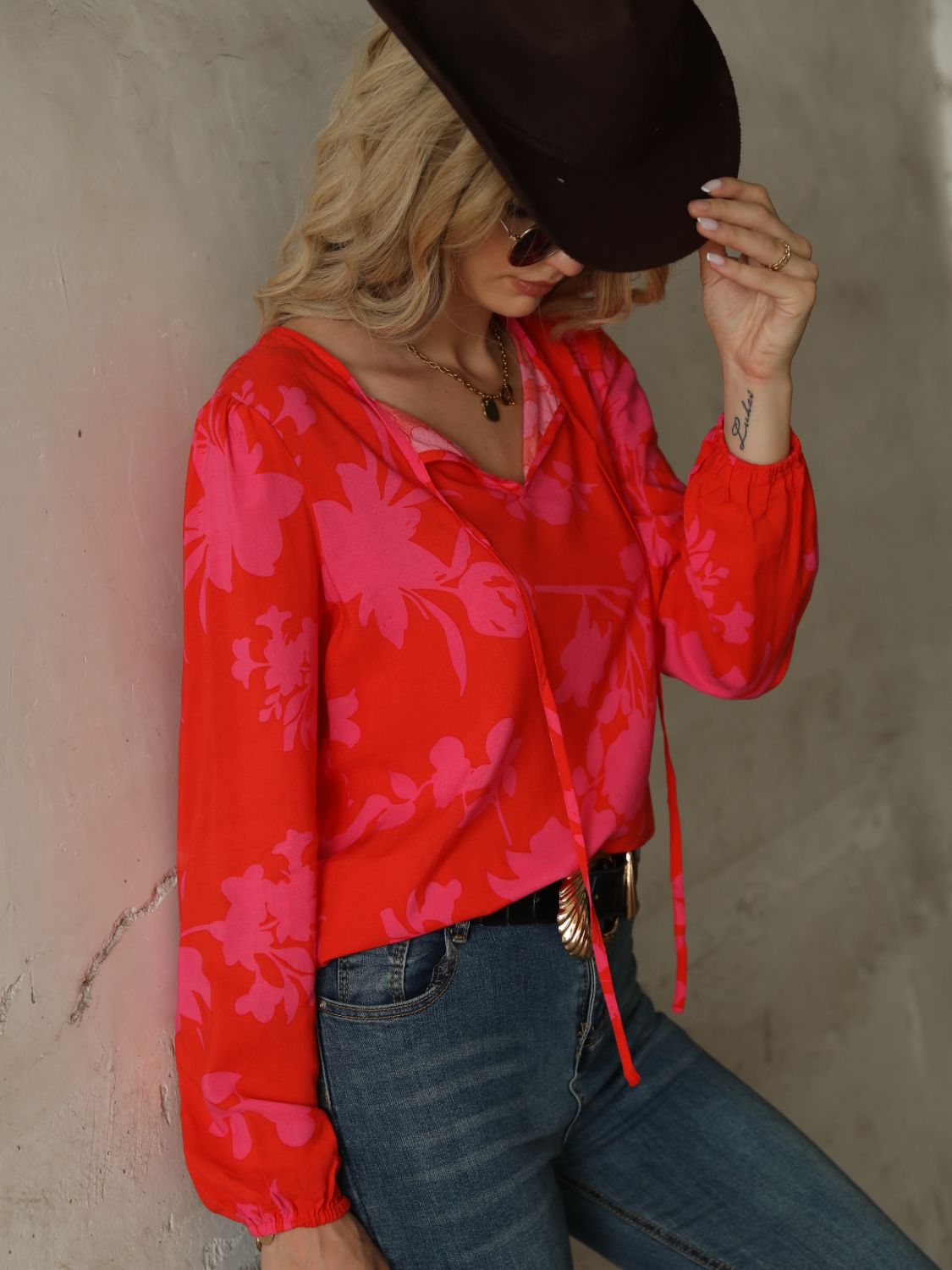 Printed Long-Sleeve Tie-Neck Blouse